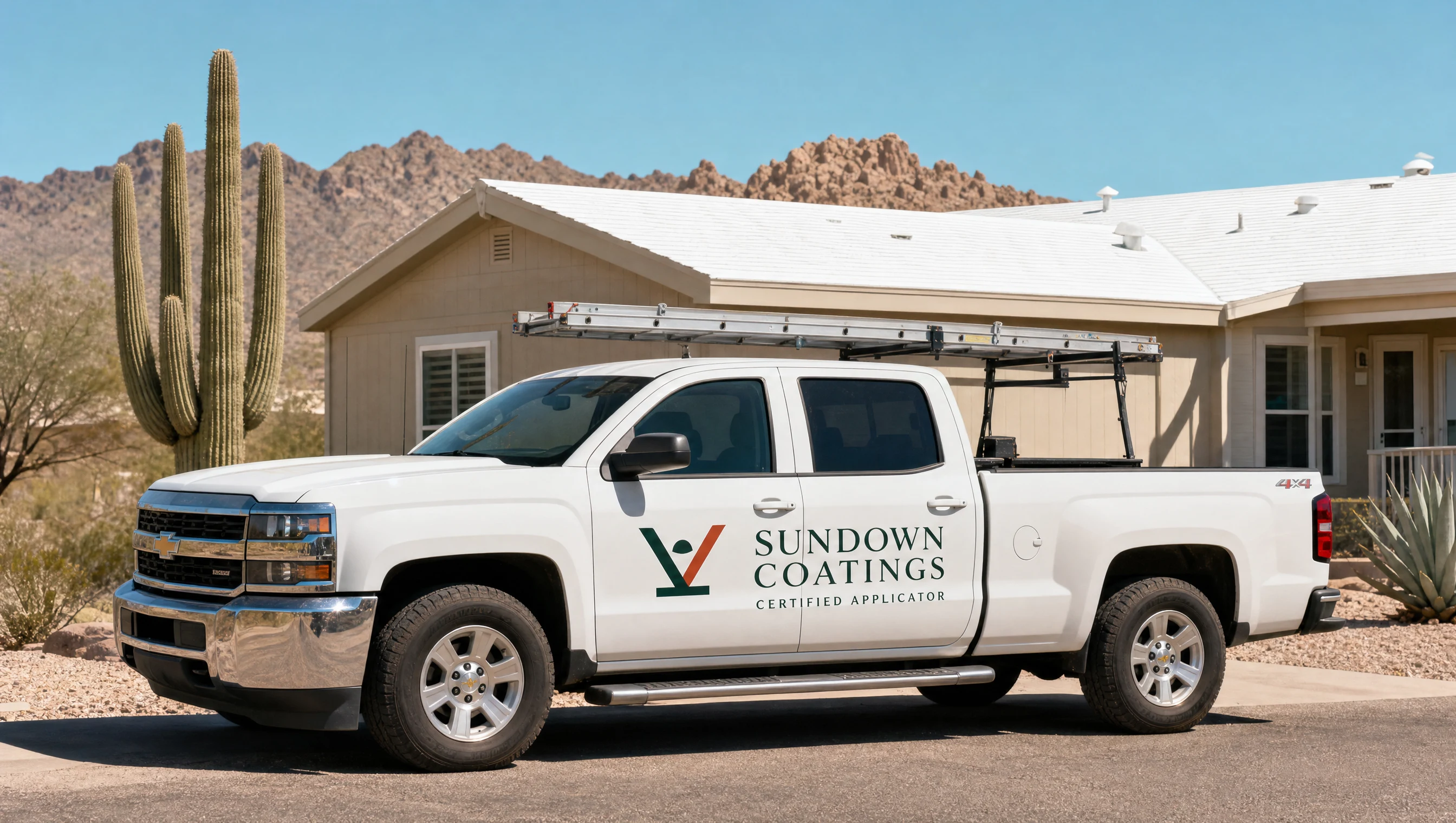 A Sundown Coatings certified applicator truck parked beside a manufactured home with a freshly coated white roof.