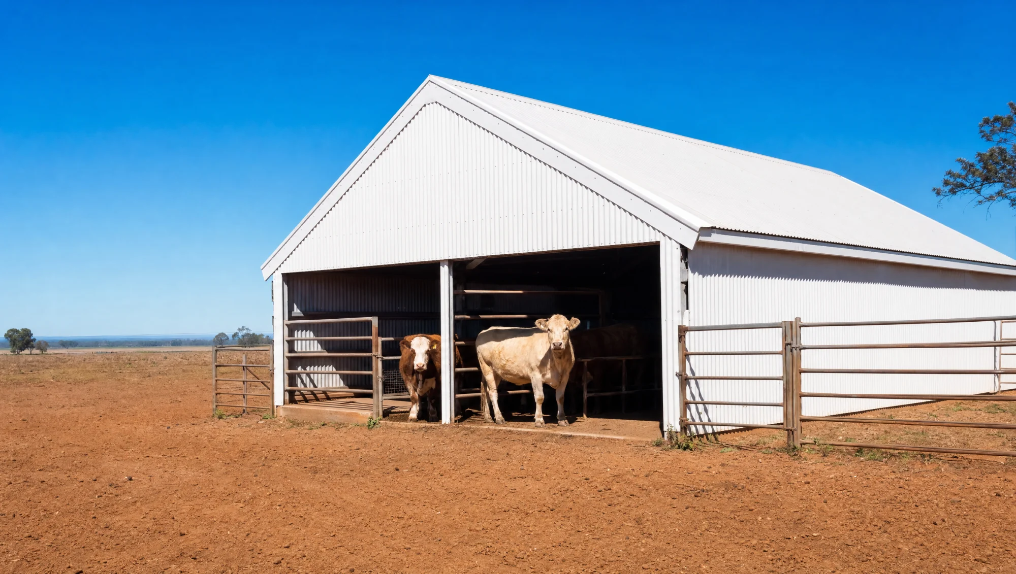 A livestock barn with corrugated metal roof and side walls both coated bright white, cattle in the shaded doorway.
