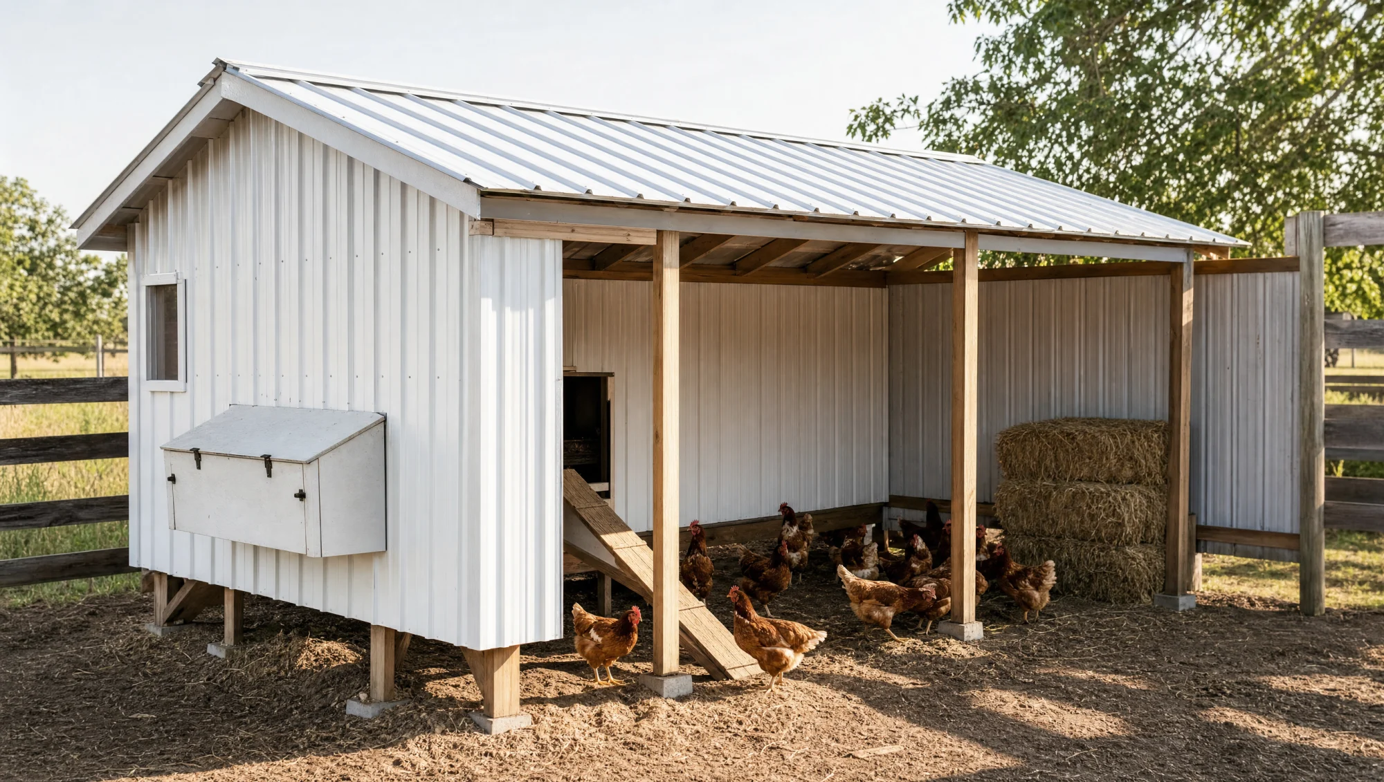 A chicken coop and lean-to shed with metal roof and walls coated bright white, hens in the shade beneath.