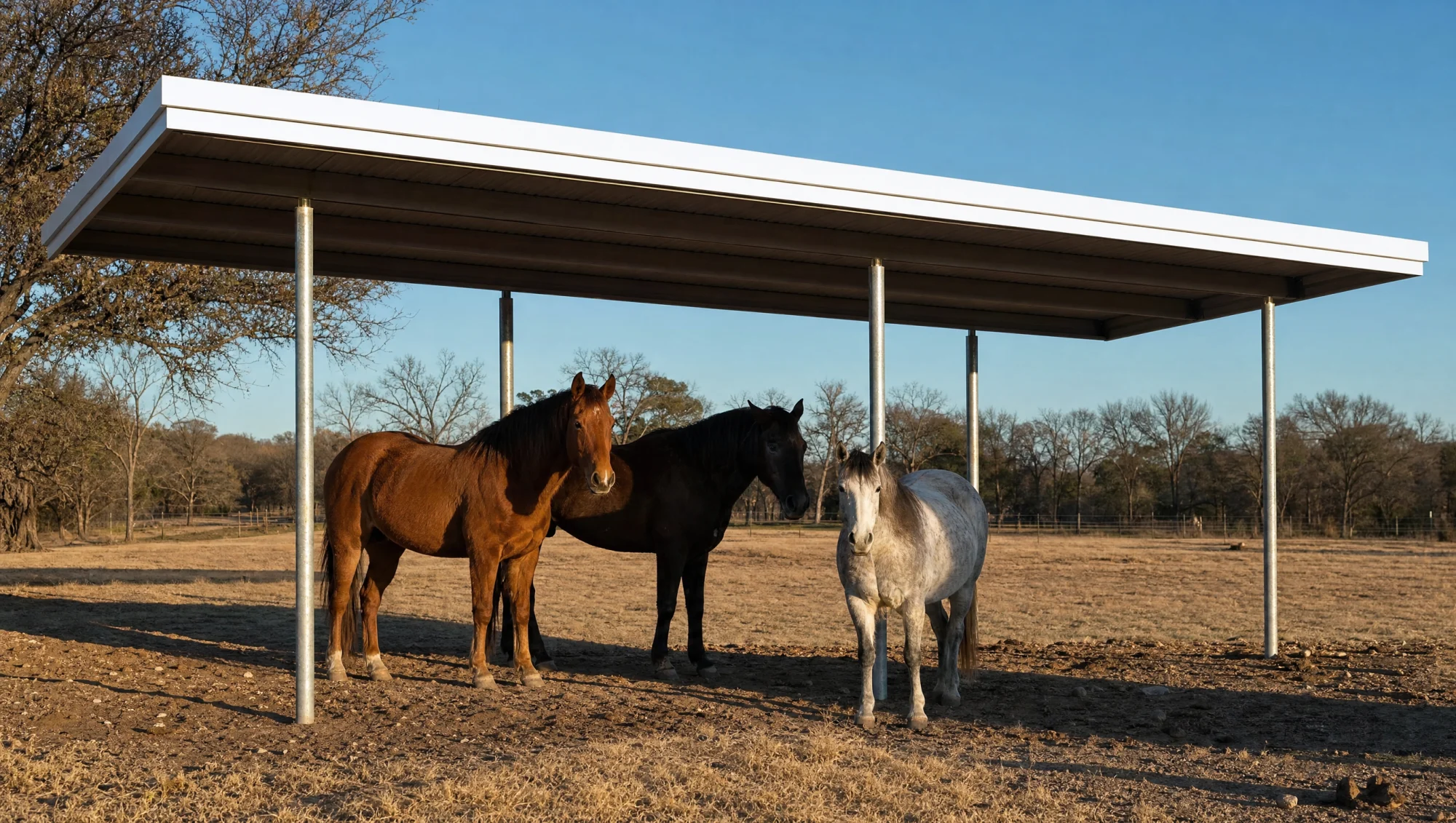 A metal shade structure over dry pasture with horses resting beneath it, roof panel coated bright white.