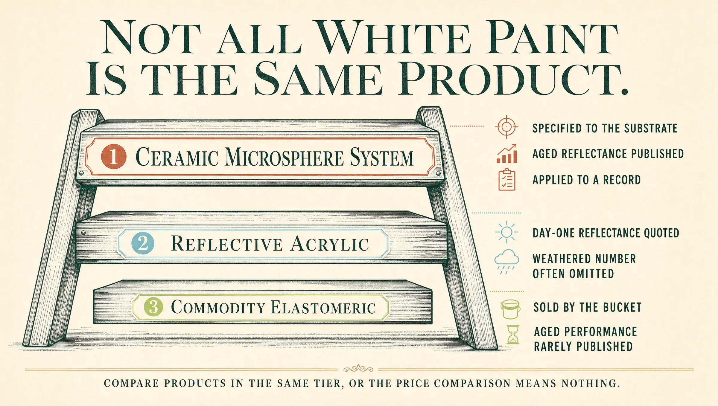 Not all white paint is the same product: commodity elastomeric is sold by the bucket with aged performance rarely published; reflective acrylic quotes day-one reflectance and often omits the weathered number; a ceramic microsphere system is specified to the substrate, publishes aged reflectance and is applied to a record.