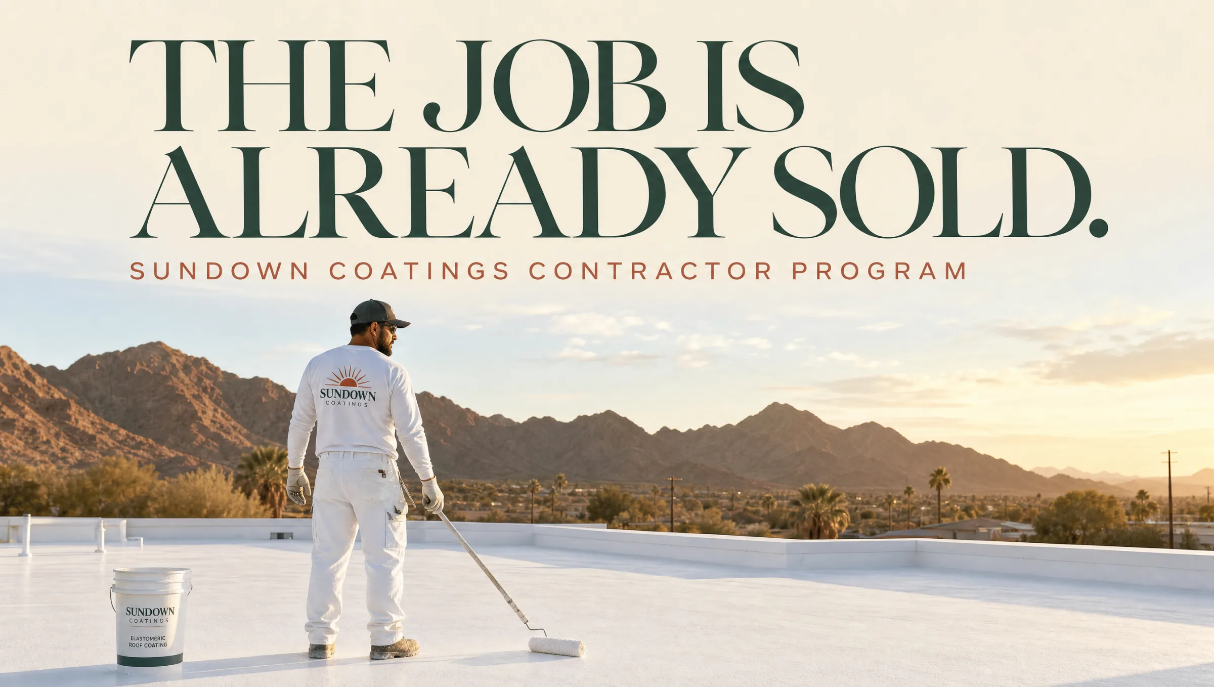 The job is already sold — Sundown Coatings contractor program. A contractor stands on a freshly coated white roof at golden hour.