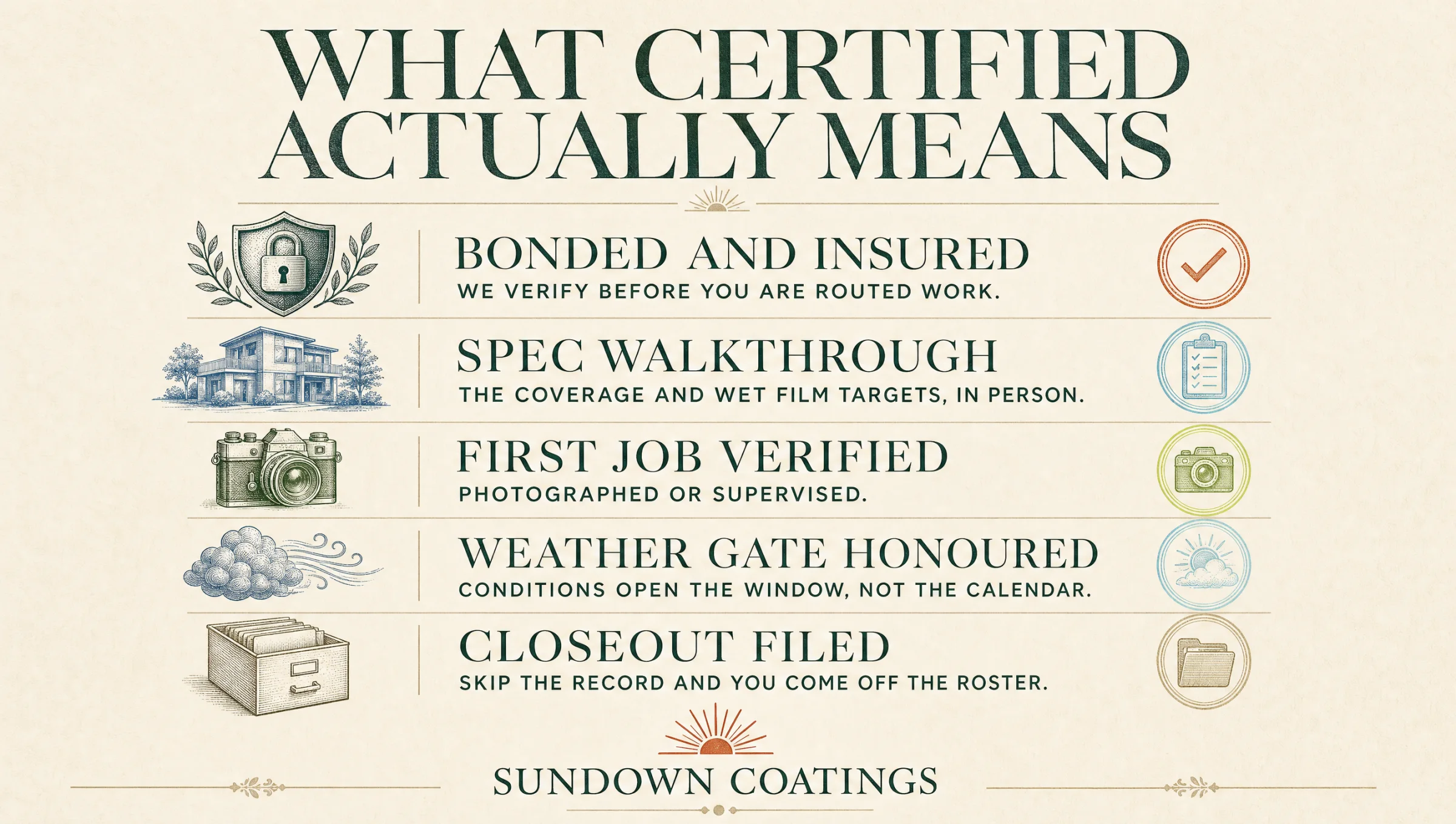 What certified actually means: bonded and insured verified before work is routed, a spec walkthrough in person, a first job photographed or supervised, the weather gate honoured, and the closeout filed — skip the record and you come off the roster.