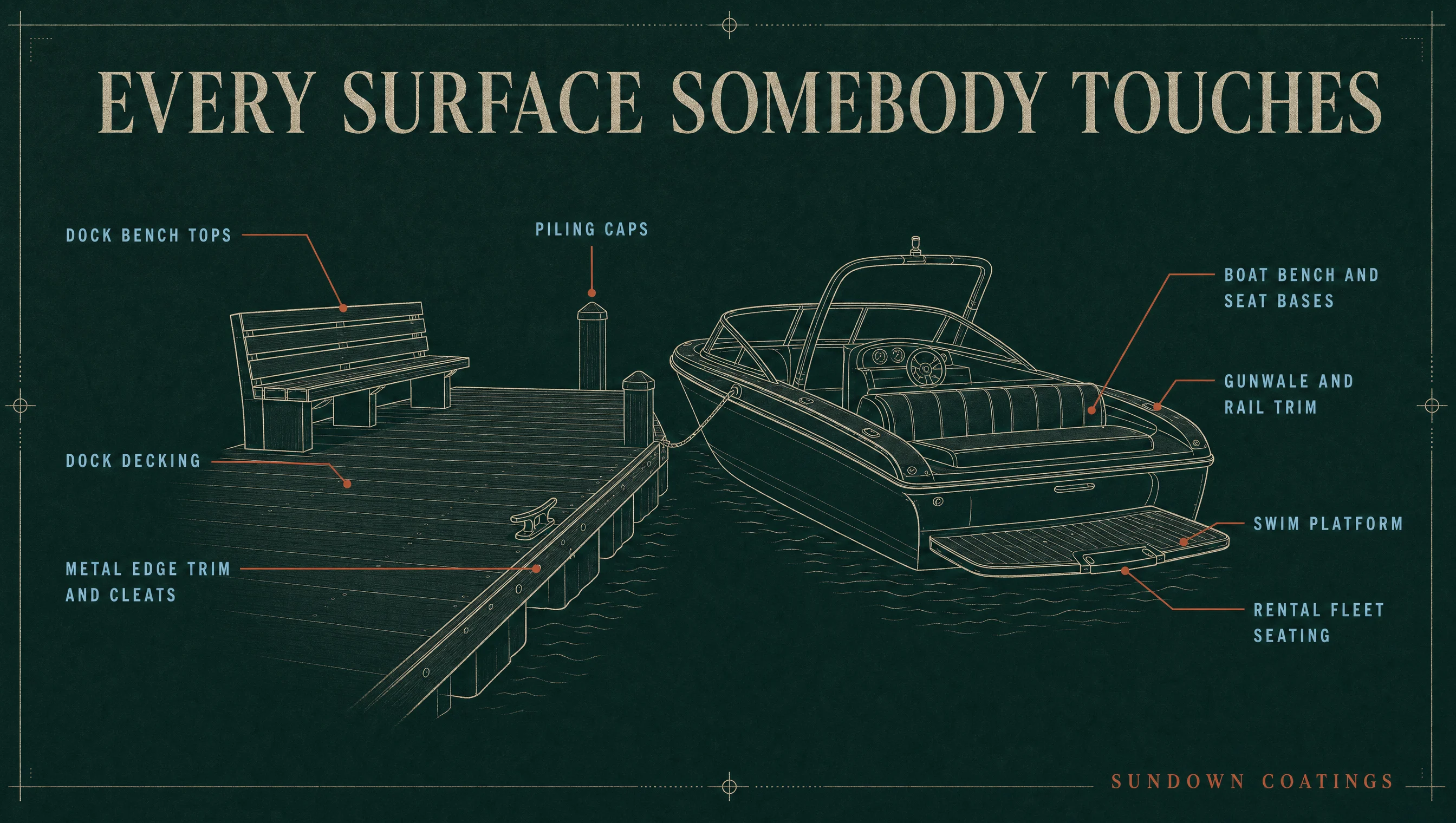 An annotated drawing of a floating dock and a moored ski boat with eight labelled coating targets: dock decking, dock bench tops, metal edge trim and cleats, piling caps, boat bench and seat bases, gunwale and rail trim, swim platform, and rental fleet seating.