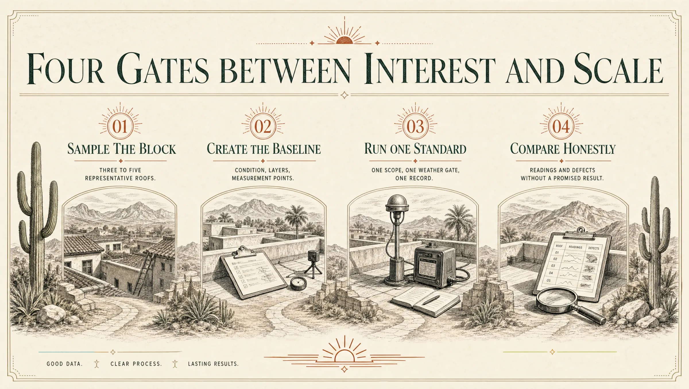 Four gates between interest and scale: sample the block, create the baseline, run one standard, compare honestly.