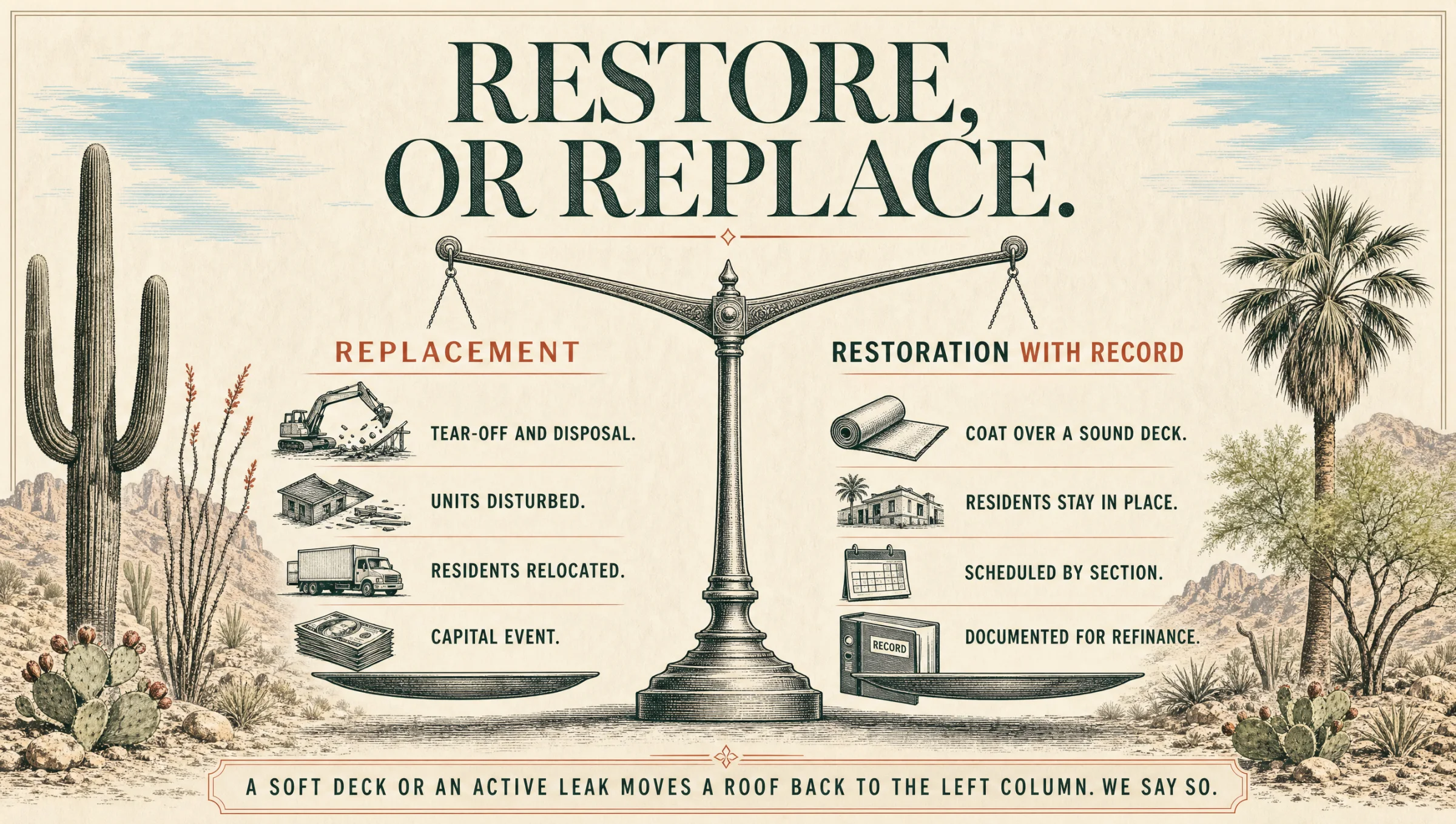 Restore or replace: replacement means tear-off, disturbed units, relocated residents and a capital event; restoration with a record means coating over a sound deck, residents in place, scheduled by section and documented for refinance.