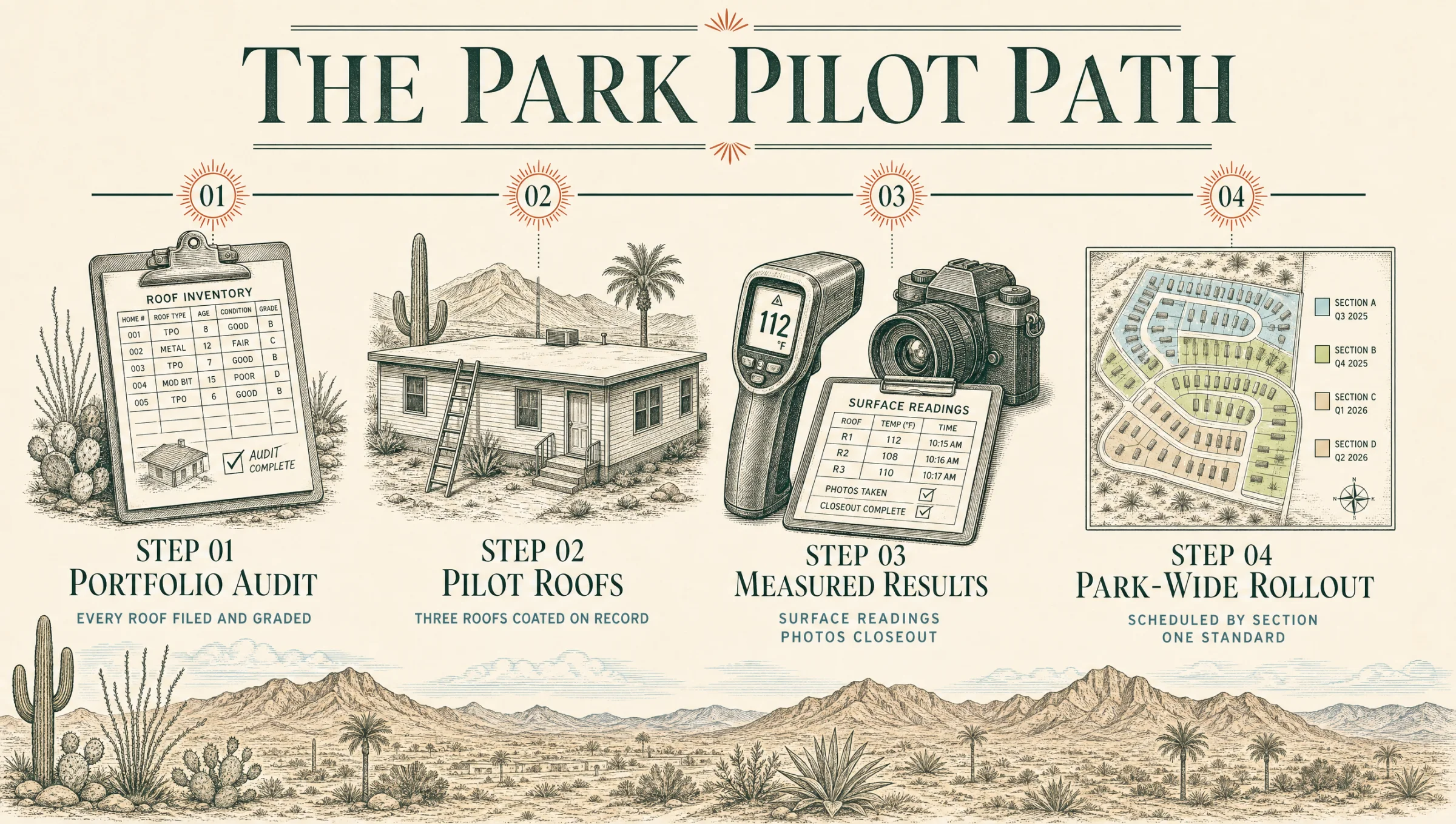 The park pilot path: 01 portfolio audit with every roof filed and graded; 02 three pilot roofs coated on record; 03 measured results with surface readings, photos and closeout; 04 park-wide rollout scheduled by section on one standard.