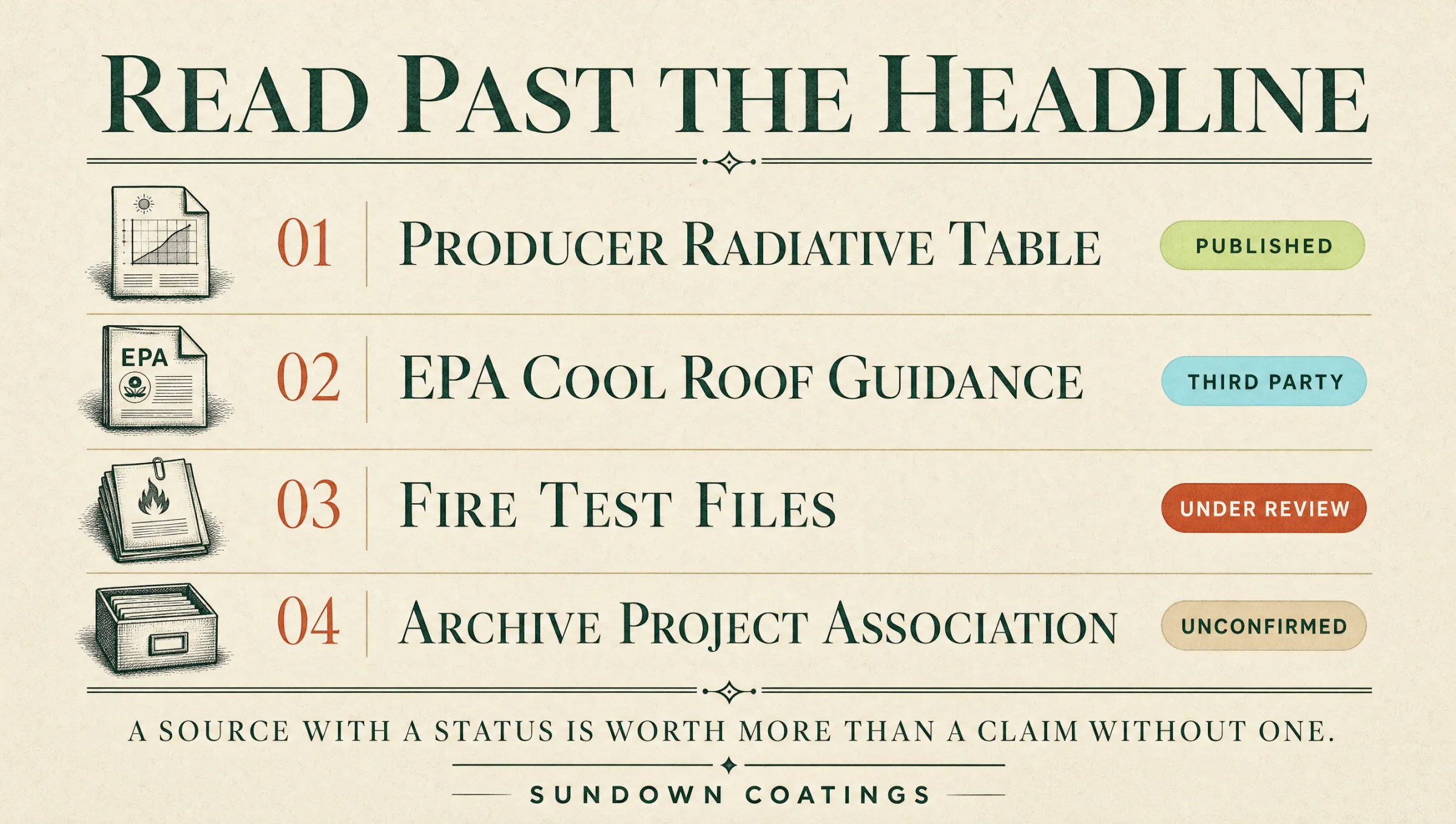 Read past the headline: the producer radiative table is published, EPA cool roof guidance is third party, the fire test files are under review, and the archive project association is unconfirmed.