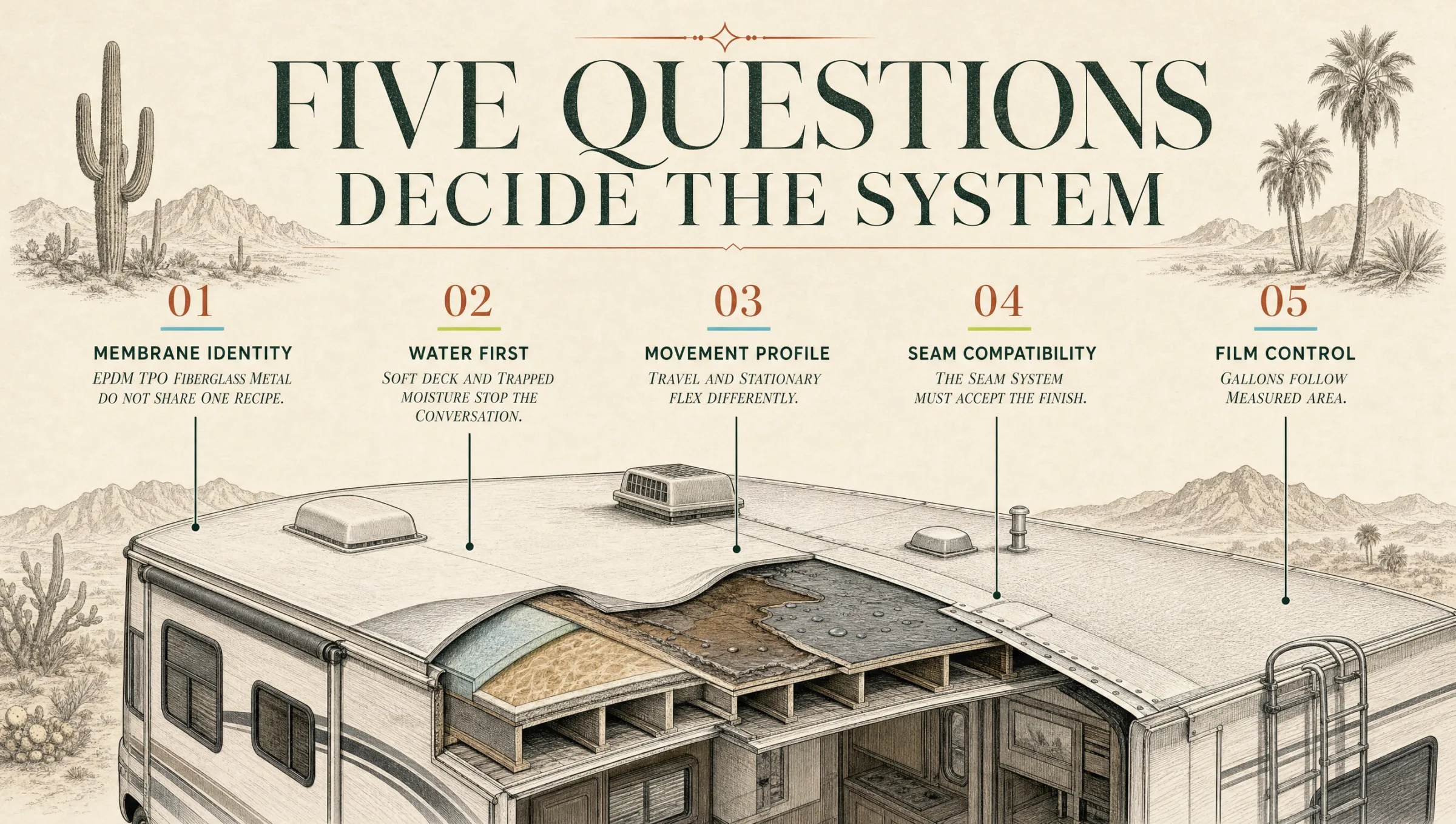 Five questions decide the system: membrane identity, water first, movement profile, seam compatibility and film control, called out on a cutaway of an RV roof.
