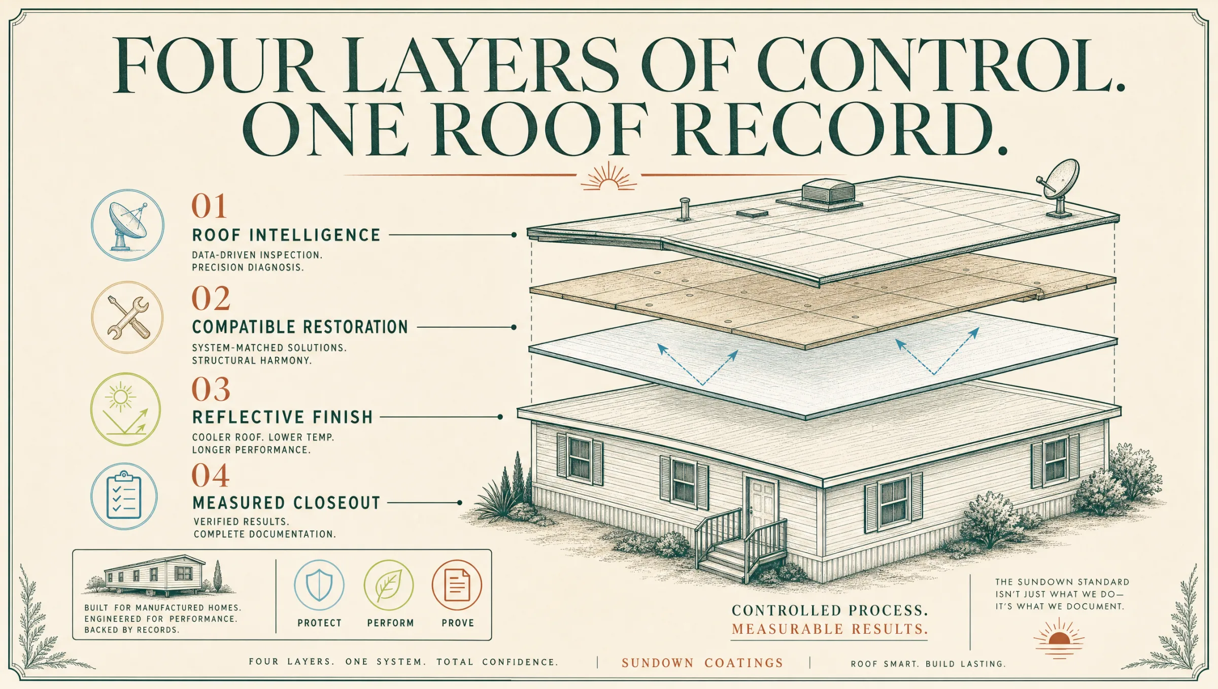 Four layers of control, one roof record: an exploded roof cross-section showing 01 roof intelligence, 02 compatible restoration, 03 reflective finish and 04 measured closeout.
