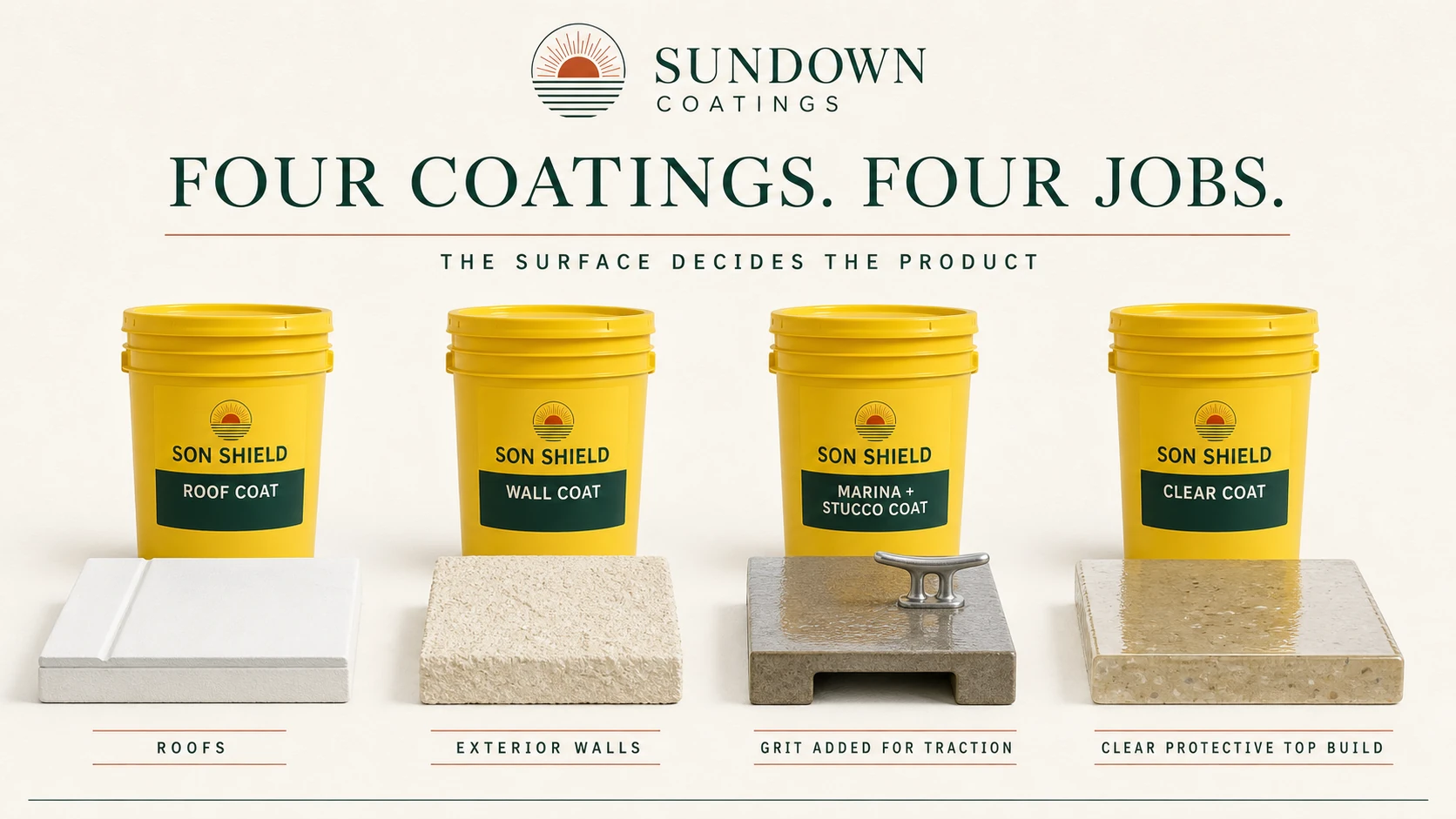 Four yellow Son Shield coating buckets: Roof Coat for roofs, Wall Coat for exterior walls, Marina and Stucco Coat with grit added for traction, and Clear Coat for a clear protective top build.