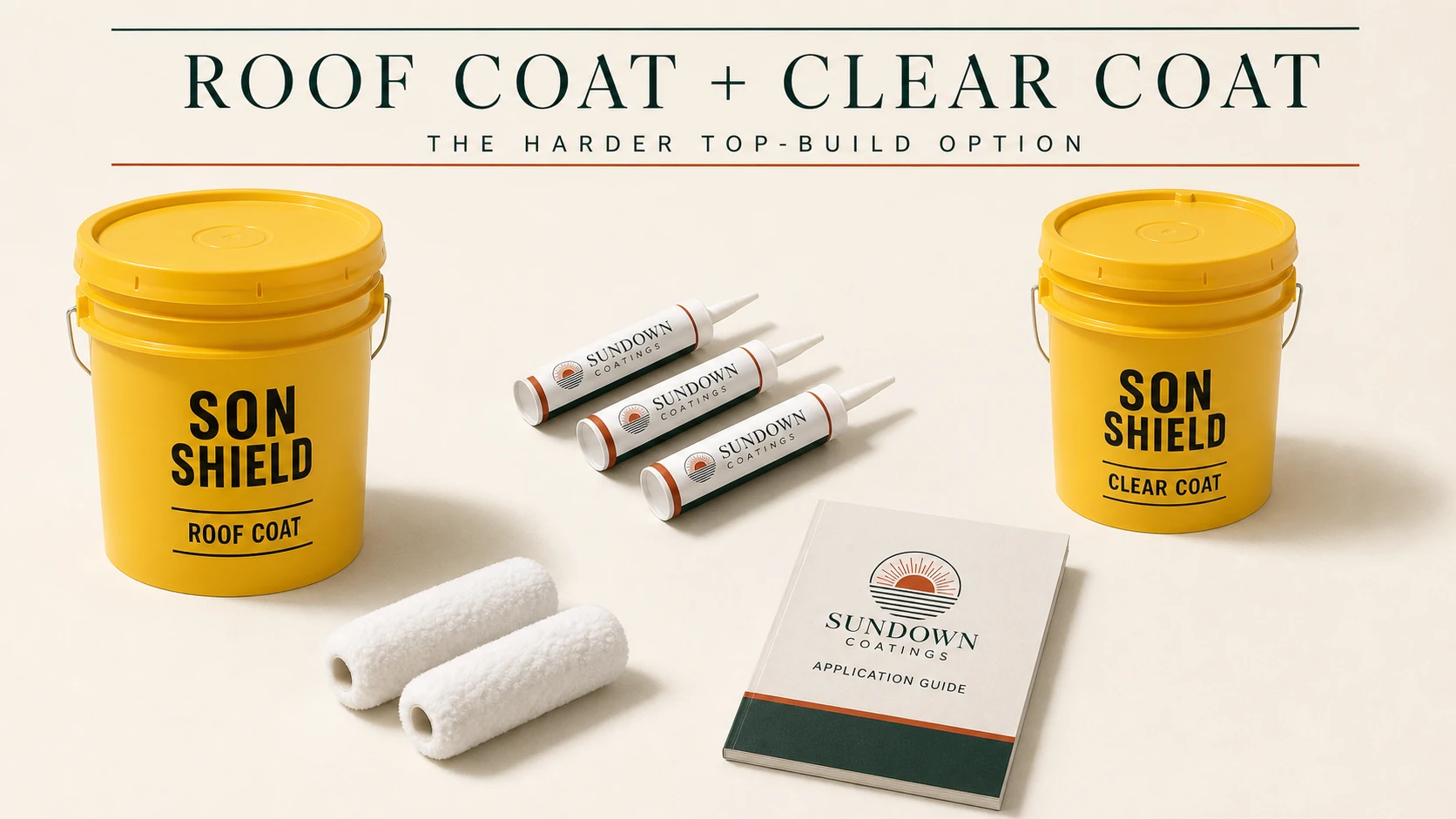 Sundown Roof Coat and Clear Coat kit with two yellow Son Shield buckets, three compatible sealant tubes, exactly two rolling pads, and the Sundown Application Guide.