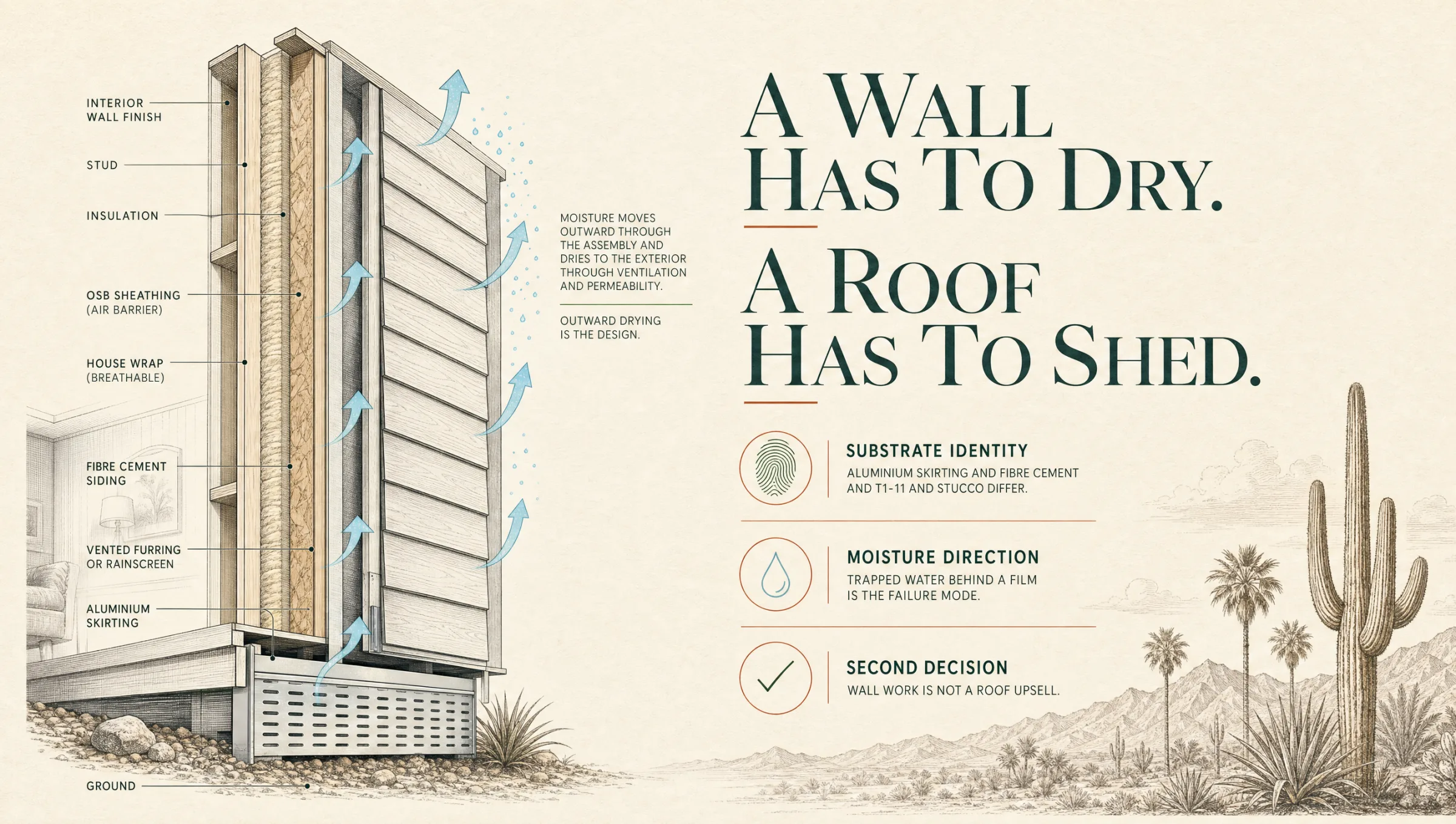 A wall has to dry, a roof has to shed: substrate identity, moisture direction, and wall work as a second decision rather than a roof upsell.